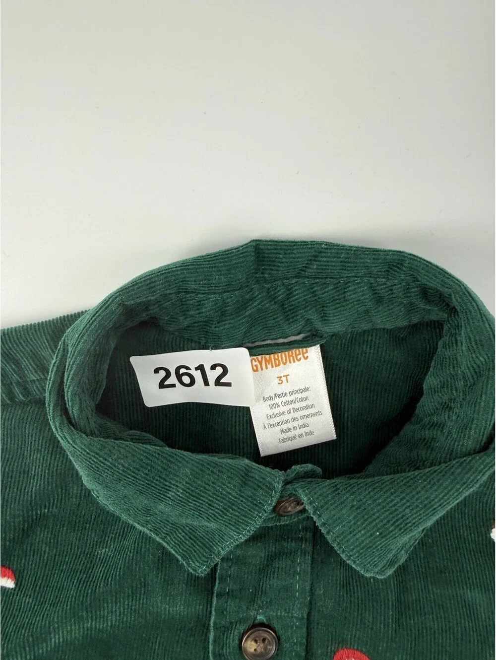 Gymboree Corduroy Button-Up Shirt Green Christmas Santa Hat 3T 100% Cotton
